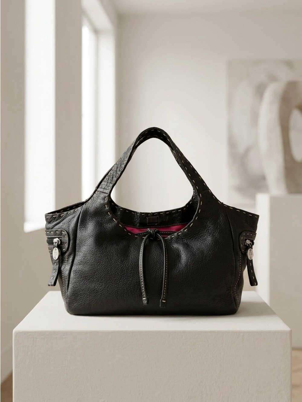 Donald J Pliner Black Pebbled Leather Whipstitch Hobo Shoulder Bag Vintage Y2K